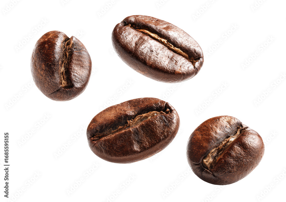 custom made wallpaper toronto digitalRoasted coffee beans, close-up, isolated on black background. Four whole beans, various angles, displaying texture and color