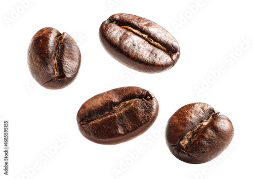 Wallpaper Mural Roasted coffee beans, close-up, isolated on black background. Four whole beans, various angles, displaying texture and color Torontodigital.ca