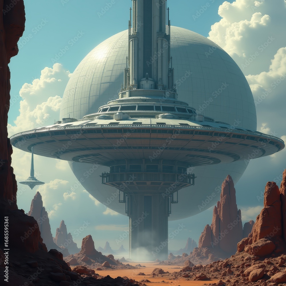 Obraz premium Futuristic Orbital City on Alien Planet with Starships and Domes