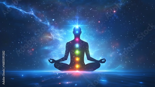 Meditating silhouette with chakra energy centers against a spectacular cosmic background