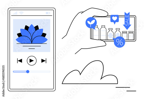 Smartphone interface with meditation app and user browsing product bottles on-screen. Icons for sale, percentage, and thumbs ups. Ideal for wellness, e-commerce, digital lifestyle, mobile