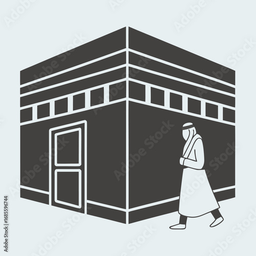 Vector art of stylized illustration of the kaaba in mecca with a pilgrim walking towards it, representing islamic pilgrimage and faith