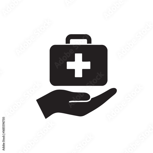 First aid kit icon in hand with red cross medical box illustration