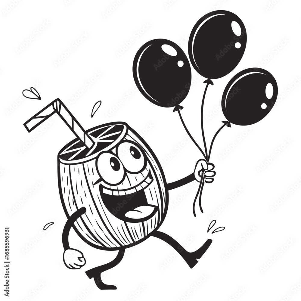 Fototapeta premium Cartoon coconut drink character running with balloons in black and white vector illustration style image vector illustration