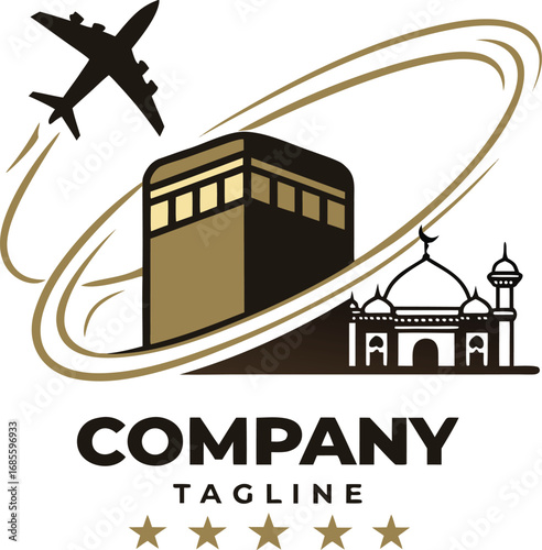 Vector art of logo design featuring an airplane circling the kaaba and a mosque, with company tagline