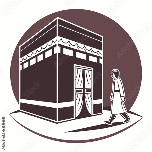 Illustration of the kaaba in mecca with a pilgrim walking towards it
