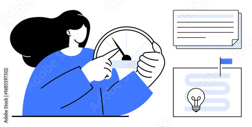 Individual adjusts gauge, evaluates progress. Nearby objects include a goal map and checklist. Ideal for progress tracking, planning, productivity, goal setting, strategy, idea generation and simple
