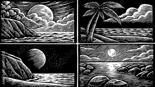 rustic beach life concept illustrated with a hand-drawn doodle icon set, featuring the moon, beach, sea, and rocks, perfect for coastal design projects, ocean-inspired artwork