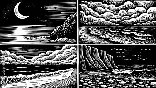 rustic beach life concept illustrated with a hand-drawn doodle icon set, featuring the moon, beach, sea, and rocks, perfect for coastal design projects, ocean-inspired artwork