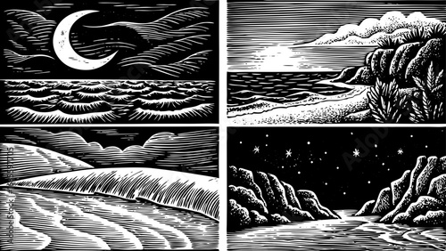 rustic beach life concept illustrated with a hand-drawn doodle icon set, featuring the moon, beach, sea, and rocks, perfect for coastal design projects, ocean-inspired artwork