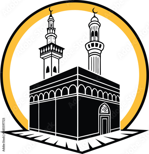 Vector art of kaaba in mecca with minarets, islamic symbol