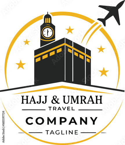 Vector art of hajj and umrah travel company logo with kaaba, airplane, and clock tower