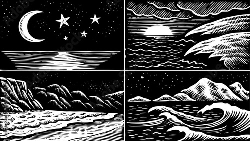 rustic beach life concept illustrated with a hand-drawn doodle icon set, featuring the moon, beach, sea, and rocks, perfect for coastal design projects, ocean-inspired artwork