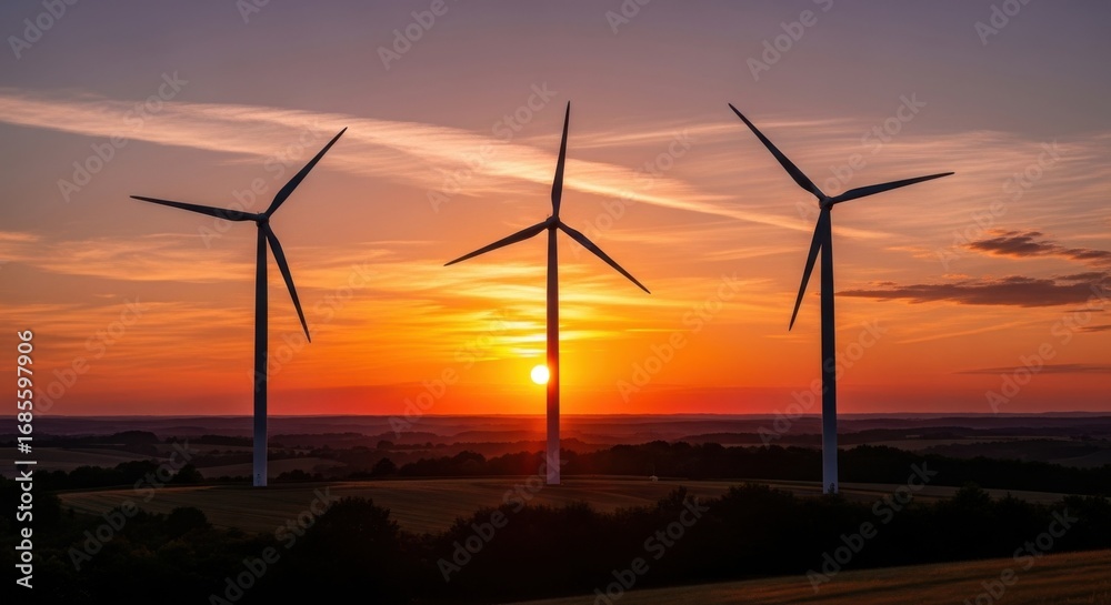 Obraz premium Majestic Wind Turbines Silhouetted Against a Golden Sunset Sky Over Rolling Hills