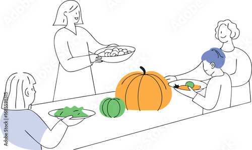 Joyful family thanksgiving dinner celebration with harvest food and warm gathering illustration