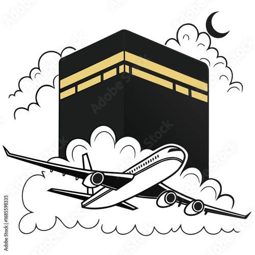Vector art of airplane flying towards kaba with clouds