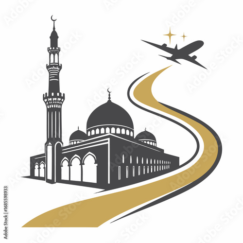 Vector art of islamic mosque with a minaret and dome, with a stylized road leading to an airplane in the sky