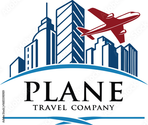 Vector art of plane travel company logo with airplane and city skyline