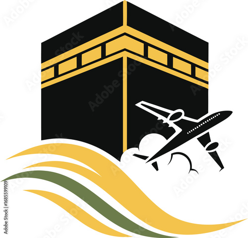 Vector art of airplane flying towards the kaaba in mecca, symbolizing hajj pilgrimage travel