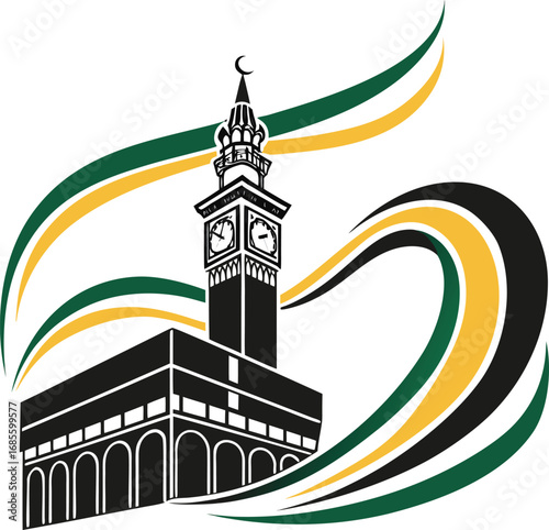 Vector art of kaaba in mecca with clock tower and abstract colorful swirls