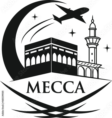 Vector art of kaaba in mecca with crescent moon, airplane, and stars