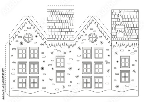 Craft game cut and glue paper. Coloring page with Christmas house for kids. Education for kids, papercraft, Christmas decor. Vector illustration