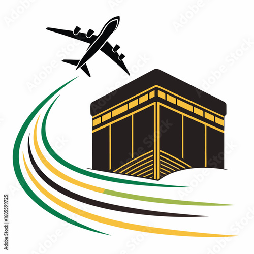 Vector art of kaaba in mecca with airplane and colorful swirls