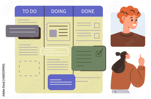 Kanban-style board divided into To Do, Doing, Done sections. Highlighting team communication, task delegation, progress tracking. Ideal for productivity, teamwork, project planning workflow