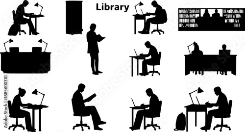 Silhouettes of people reading and working in a library with bookshelves and desks depicted in black | editable eps vectors
