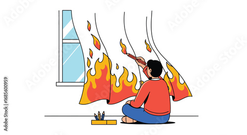Person Drawing Fire on Curtains – Creative Illustration