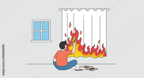 Person Drawing Fire on Curtains – Creative Illustration