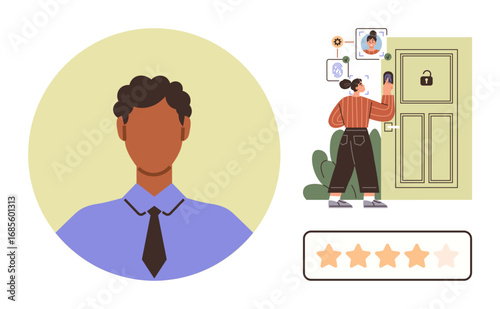 Person unlocking door via facial recognition system with user profile snapshots, evaluating 5-star rating. Ideal for security, technology, privacy, identity, user feedback, smart home AI. Simple