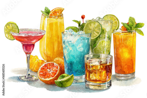 colorful exotic refreshing cold cocktails set bundle PNG transparent background isolated graphic resource. Cosmopolitan, Margarita, Mojito, Screwdriver, Old fashioned cocktail, citrus fruit garnish