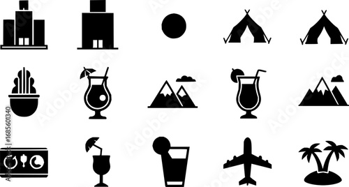 summer travel icon set. holiday tour icons for app and website containing hotel sun camp mountain drink plane island. transparent png and vector.