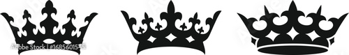 Three ornate black crowns on a white background representing royalty and power