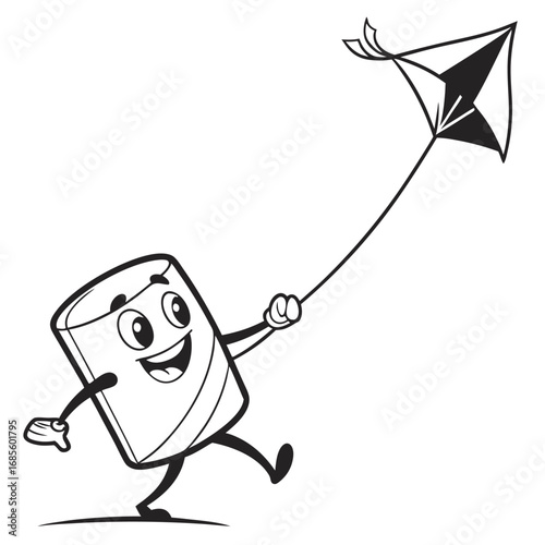 Cartoon marshmallow character joyfully flying a kite with a happy expression on a white background scene vector illustration