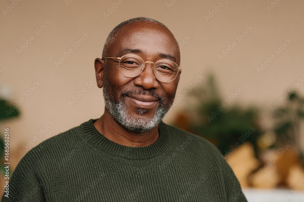 Obraz premium Warm smile of an older man in cozy setting, exuding confidence and wisdom, soft lighting