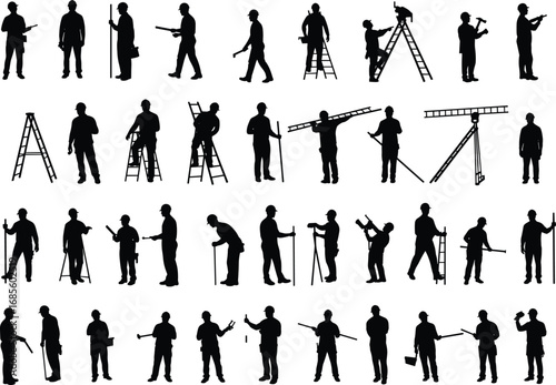 Silhouettes of Construction Workers with Tools, Ladders, Equipment, and Safety Gear Performing Various Tasks, Vector Illustration Set