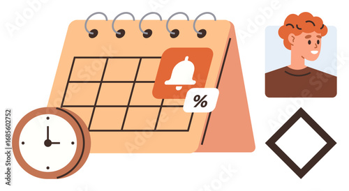 Calendar with notifications, clock symbolizing time, user profile picture, and geometric graphic. Ideal for scheduling, planning, reminders, productivity, organization deadlines and time-saving