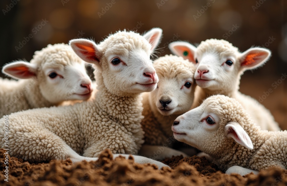 Fototapeta premium Cute sheep lambs resting together on the ground in a natural outdoor setting