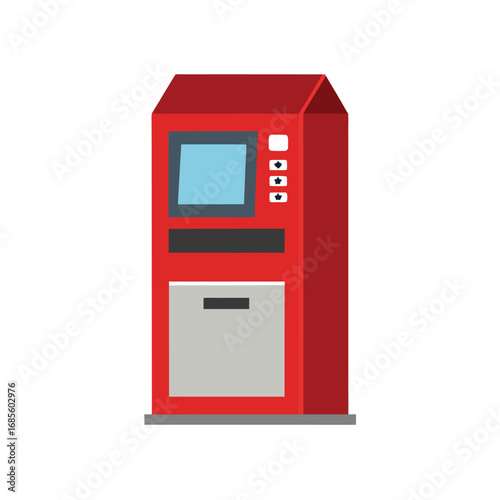 Red and grey automated teller machine with screen and keypad