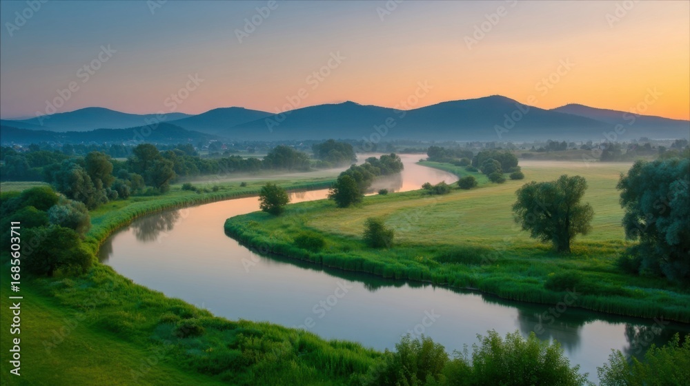 Fototapeta premium Tranquil natural landscape at dawn or dusk with a meandering river reflecting warm sky hues, lush green banks,