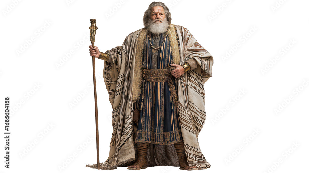 Obraz premium King Jeroboam full body on transparent background. Biblical king of Israel in royal robe and crown, isolated Old Testament figure for Christian artwork, history, and teaching materials.