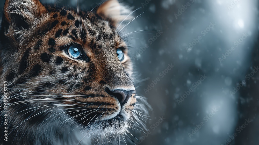 Fototapeta premium Close-up Portrait of a Leopard with Striking Blue Eyes in Winter