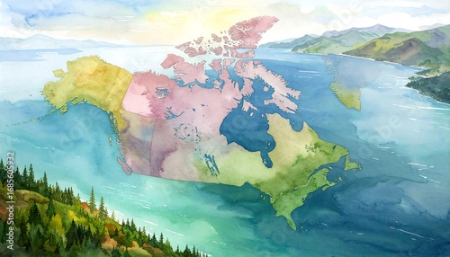 Watercolor map of Canada.  Vast landscape