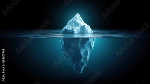 An iceberg partially submerged in water with a visible reflection,