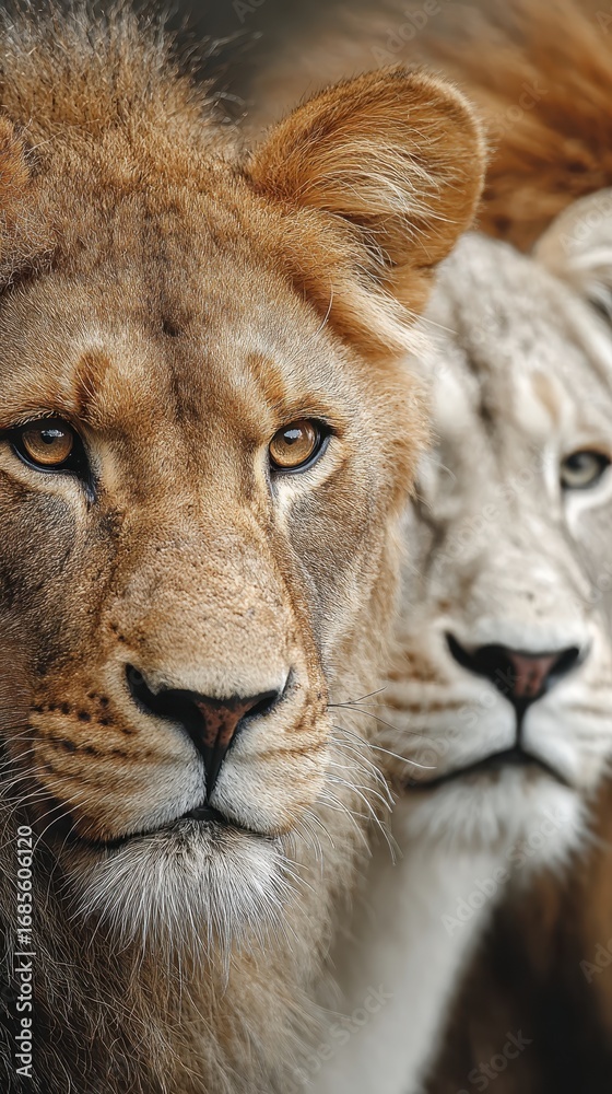 Fototapeta premium Close-up Portrait of Two Lions, Majestic Wildlife in Natural Habitat
