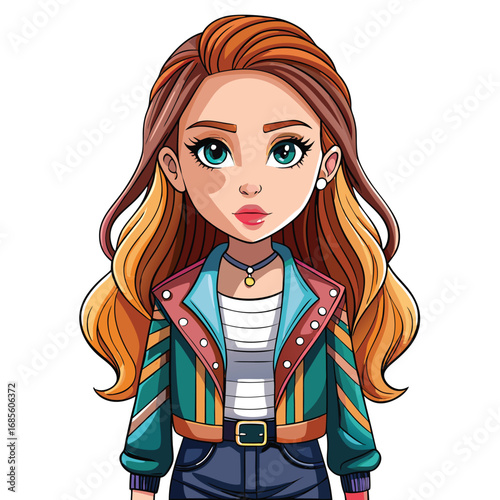 Stylish Cartoon Character with Vibrant Hair and Retro Jacket