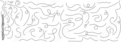 Seamless Curved Dash Path Backdrops. Long squiggle dashed line. Long dashed hand drawn squiggle, Long squiggle dashed, loopy line vector. Set of different doodle squiggly, loopy line arrows, editable 