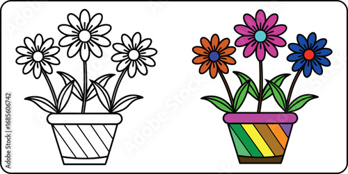Daisy Plant Coloring Page with Fully Colored Version Flowers in a Pot with Striped Decoration